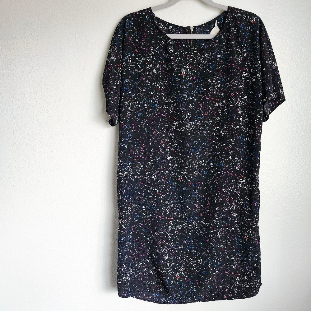 Caslon Speckled Silky Dress XS Black Multicolor Print Zipper Back Fall Layer